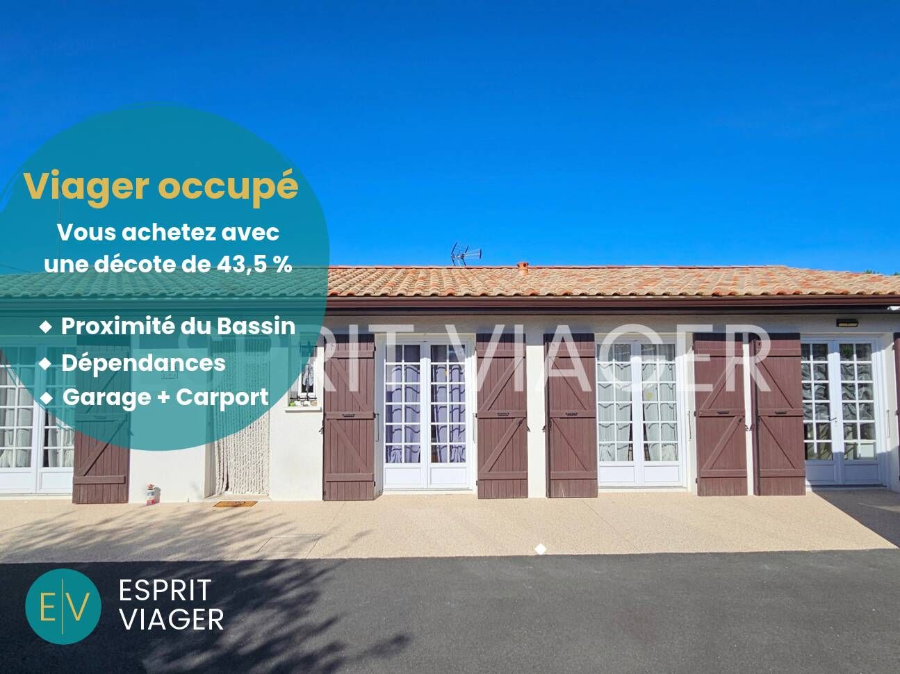 Viager occupé - Maison 5 pièces - 100 m²- Bouquet 69 900 euros - Rente 1 121 euros/mois - Lanton - Cassy (33)