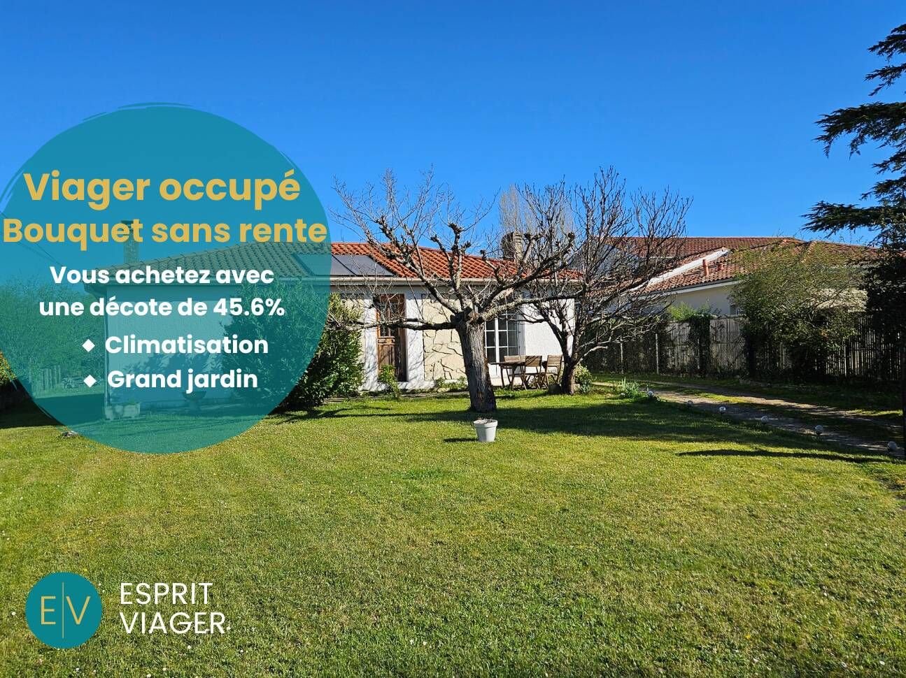 Maison 3 pièces - 84 m²- Bouquet sans rente 141 200 euros - Viager occupé - Tresses (33)  2 chambres - Homme 73 ans - Terrain 1 150m²