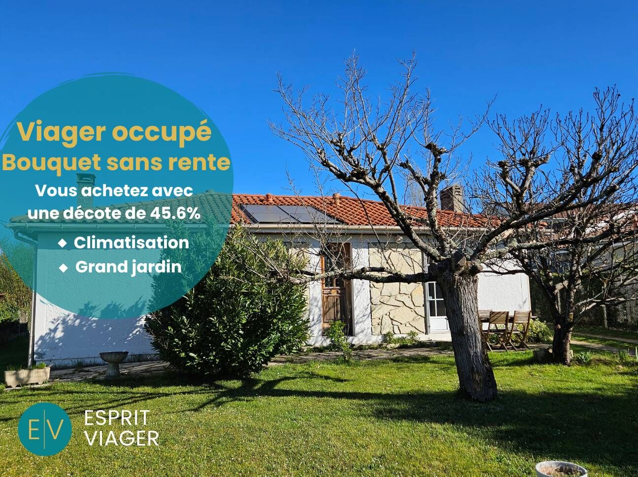Maison 3 pièces - 84 m²- Bouquet sans rente 141 200 euros - Viager occupé - Tresses (33)  2 chambres - Homme 73 ans - Terrain 1 150m²