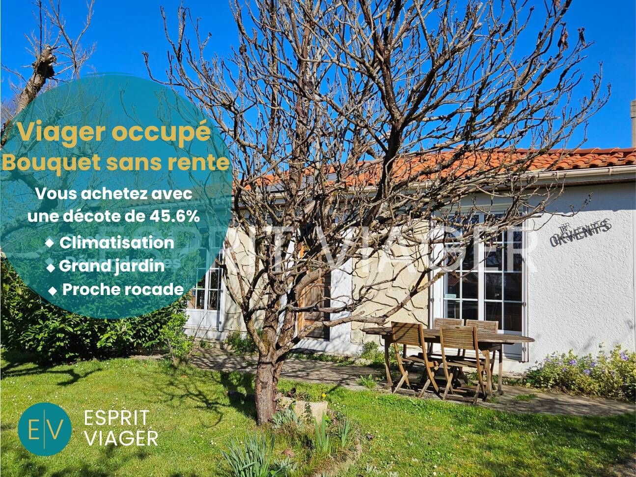 Maison 3 pièces - 83 m²- Bouquet sans rente 135 080 euros - Viager occupé - Tresses (33)  2 chambres - Homme 73 ans - Terrain 1 150m²