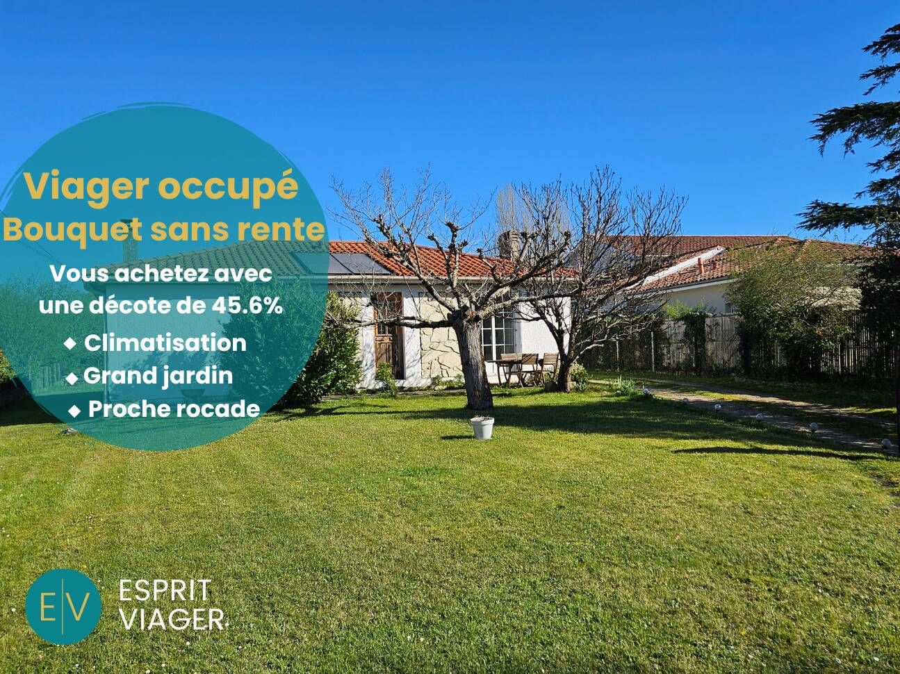Maison 3 pièces - 84 m²- Bouquet sans rente 141 200 euros - Viager occupé - Tresses (33)  2 chambres - Homme 73 ans - Terrain 1 150m²