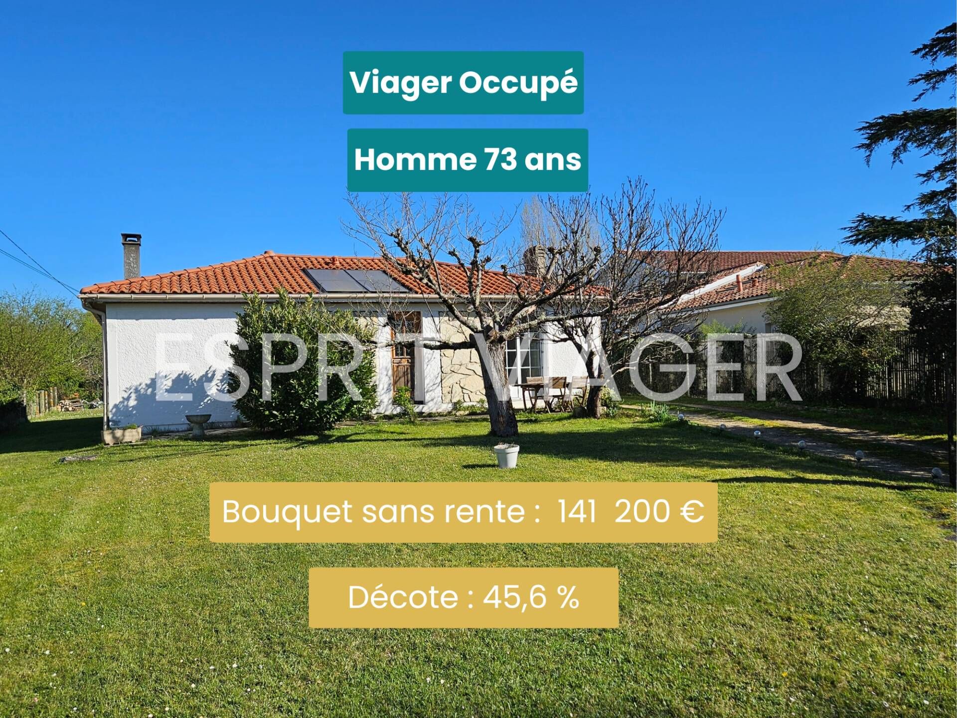 Maison 3 pièces - 84 m²- Bouquet sans rente 141 200 euros - Viager occupé - Tresses (33)  2 chambres - Homme 73 ans - Terrain 1 150m²